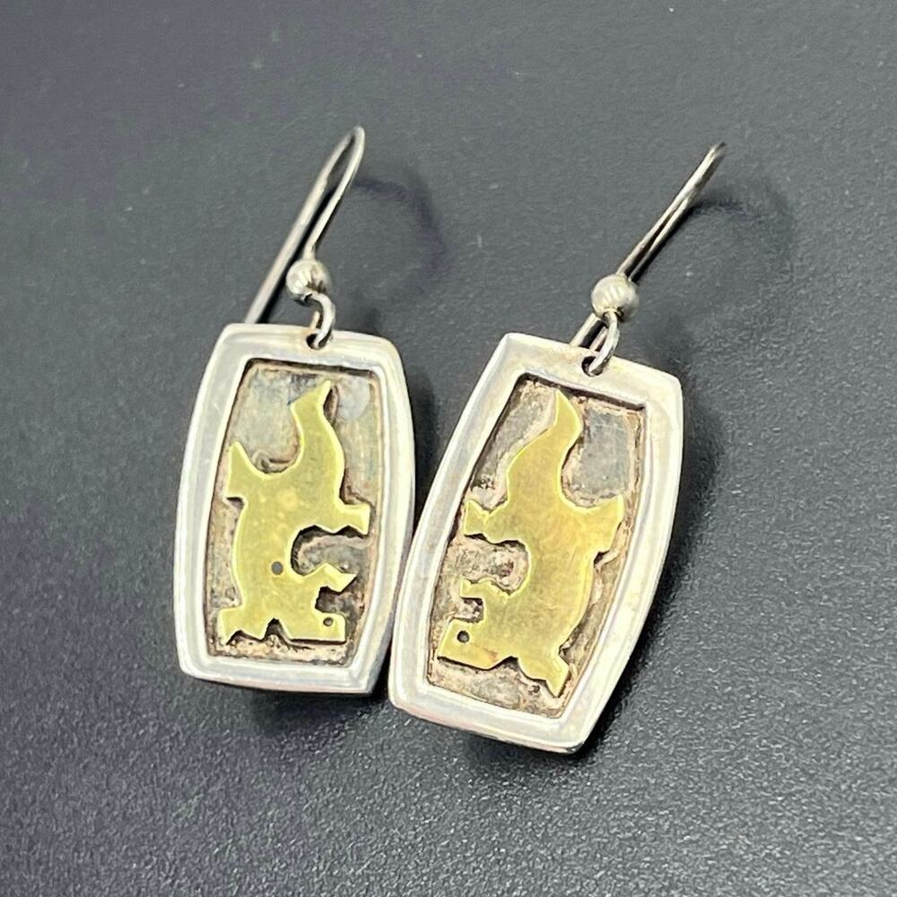 Far Fetched Vintage Southwestern‎ Sterling Silver Two Tone Gecko Dangle Earrings